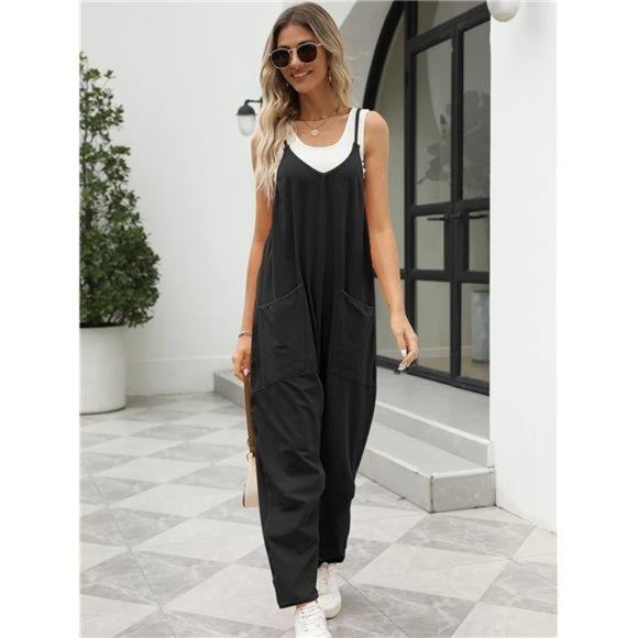 Womens Jumpsuits Onesie Rompers Sleeveless Loose Baggy Overalls Jumper w/ Pocket - Picture 5 of 7